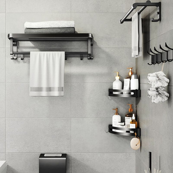 Kalsten | Contemporary bathroom accessory set with black finish and bath shelf/towel bar