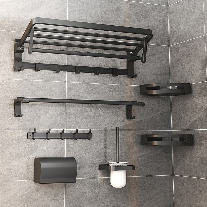 Kalsten | Modern Matte Black Bathroom Accessory Set with Bath Shelf/Towel Hooks/Towel Bar