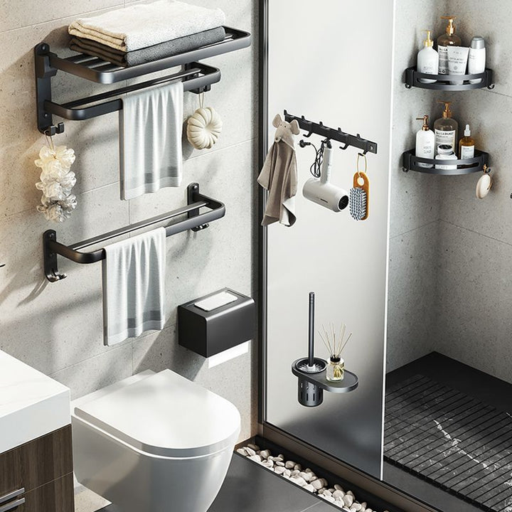 Kalsten | Contemporary bathroom accessory set with black finish and bath shelf/towel bar