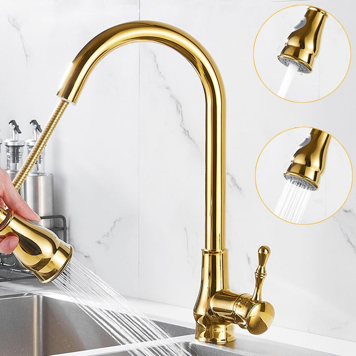 Kalsten | Brushed Gold Kitchen Sink Faucet High Arc Swivel Spout with Pull-Down Spray Head