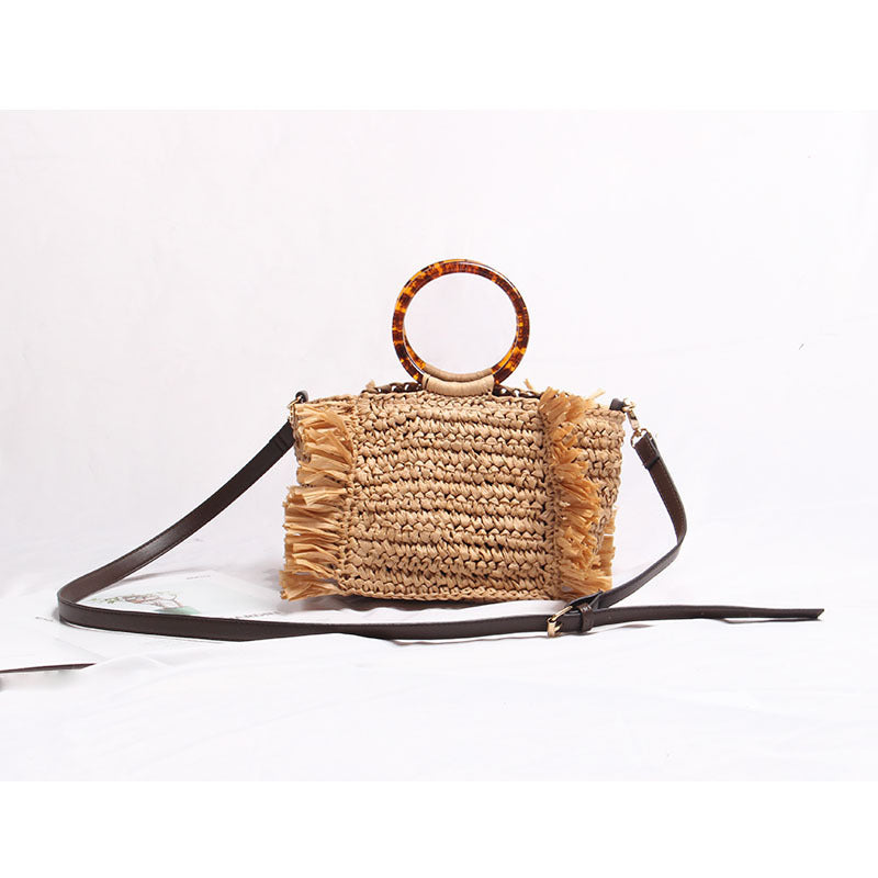 Handmade raffia shoulder bag with fringed accents Kalsten
