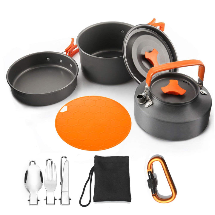 lightweight nonstick camping cookware set with folding kettle pot pan stainless utensils silicone trivet and carry pouch Kalsten