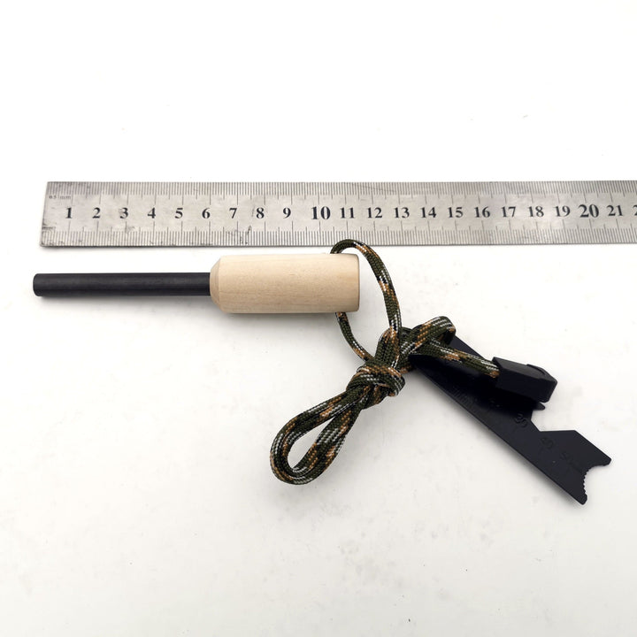 ferrocerium fire starter rod with wooden handle tactical striker multi-tool and paracord lanyard Kalsten