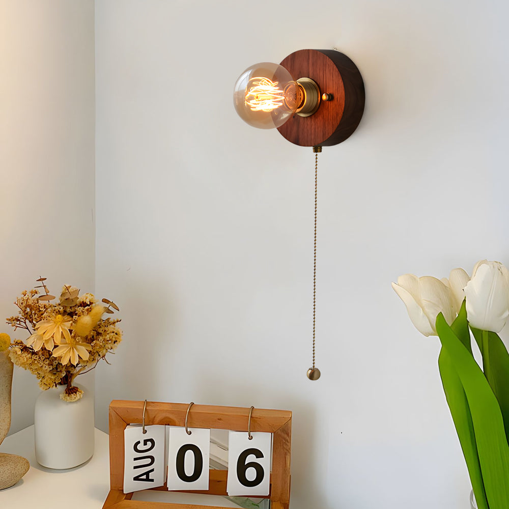 Round/Square Vintage Walnut Wood Wall Lamp 1-light with Pull Chain Switch | Kalsten