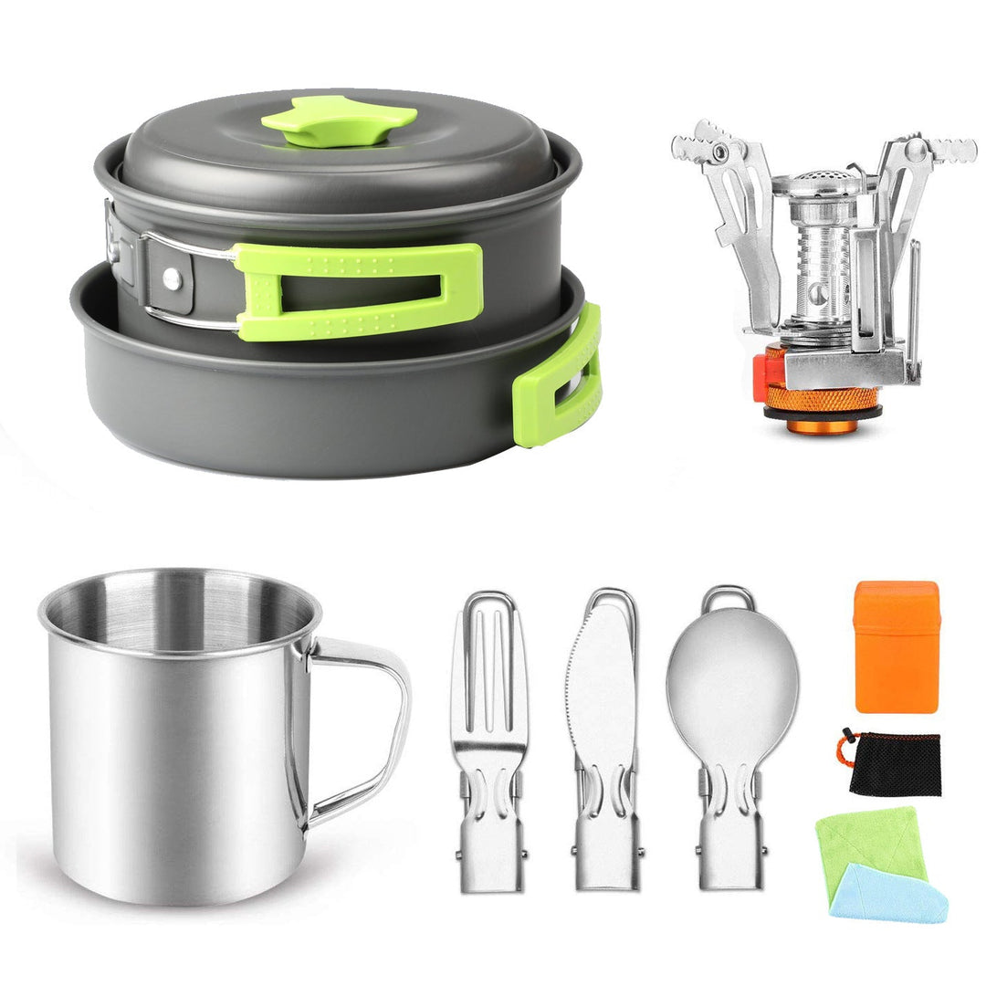 compact foldable camping cookware set with nesting nonstick pots portable folding gas burner stainless mug and folding utensils Kalsten