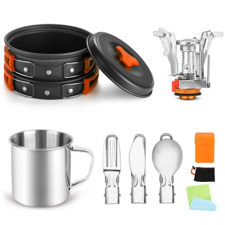 compact foldable camping cookware set with nesting nonstick pots portable folding gas burner stainless mug and folding utensils Kalsten