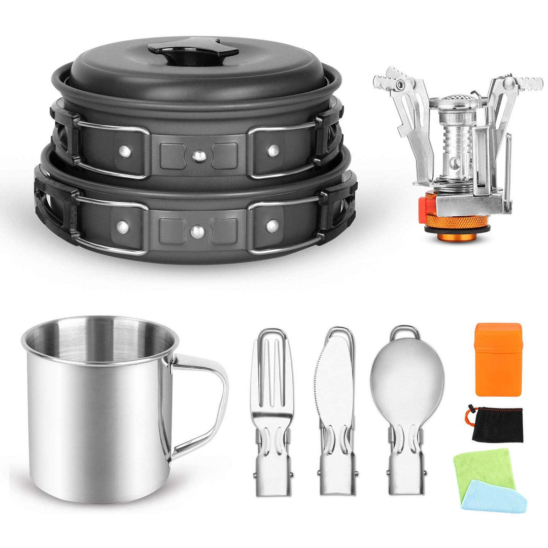 compact foldable camping cookware set with nesting nonstick pots portable folding gas burner stainless mug and folding utensils Kalsten