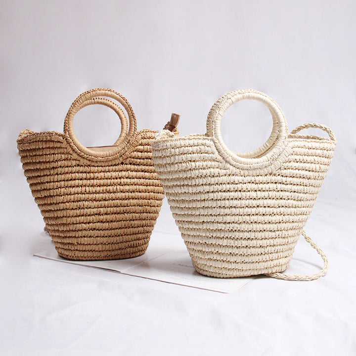 Handmade basket bag with round handle and removable shoulder strap Kalsten