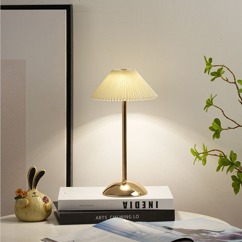Contemporary Scandinavian rechargeable iron fabric cone pleated LED table lamp for bedside | Kalsten