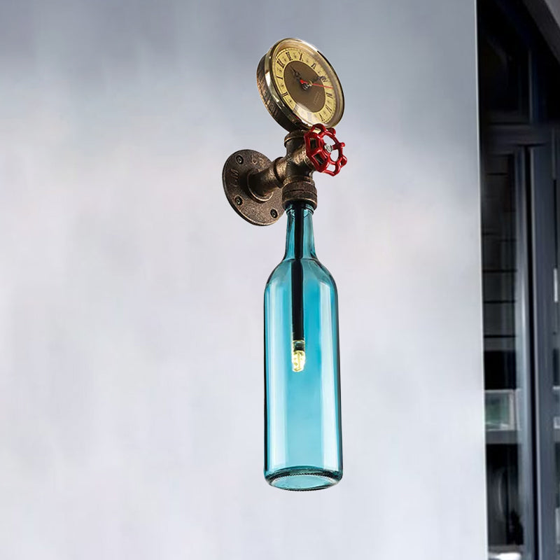 Kalsten | Brown/Blue Bottle Wall Sconce Lamp Vintage Stylish Glass 1 Bulb Living Room Wall Lighting with Manometer and Valve