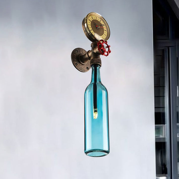Kalsten | Brown/Blue Bottle Wall Sconce Lamp Vintage Stylish Glass 1 Bulb Living Room Wall Lighting with Manometer and Valve