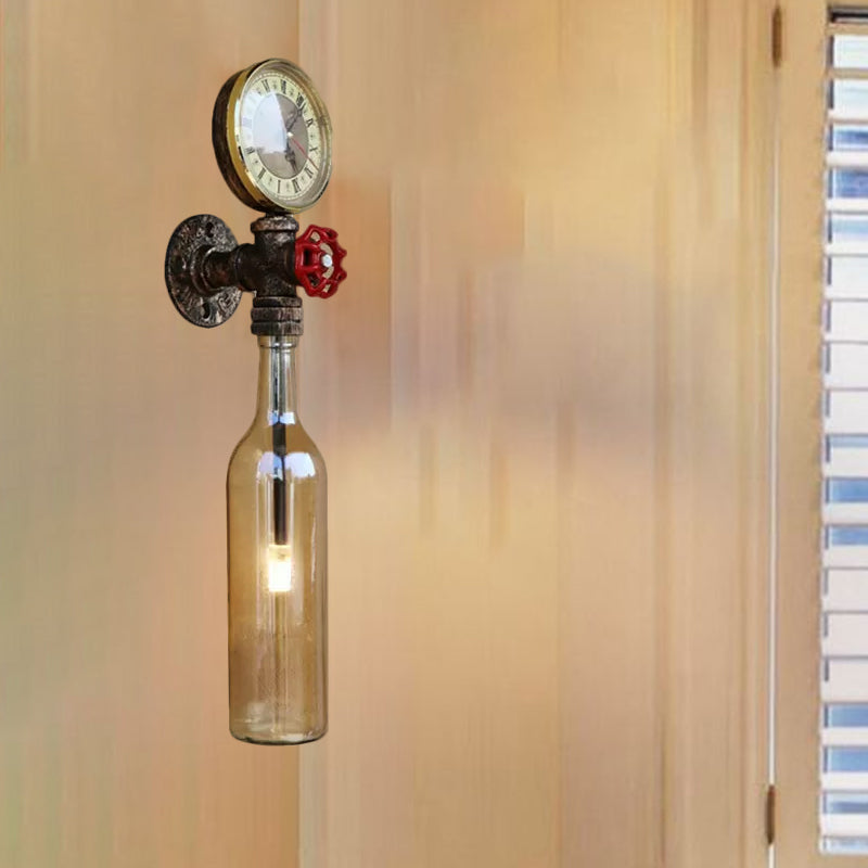 Kalsten | Brown/Blue Bottle Wall Sconce Lamp Vintage Stylish Glass 1 Bulb Living Room Wall Lighting with Manometer and Valve