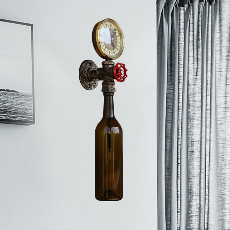 Kalsten | Brown/Blue Bottle Wall Sconce Lamp Vintage Stylish Glass 1 Bulb Living Room Wall Lighting with Manometer and Valve
