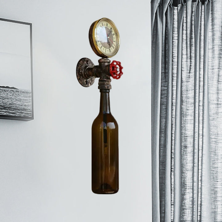 Kalsten | Brown/Blue Bottle Wall Sconce Lamp Vintage Stylish Glass 1 Bulb Living Room Wall Lighting with Manometer and Valve