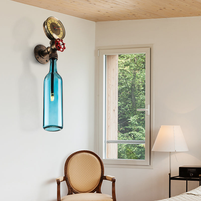 Kalsten | Brown/Blue Bottle Wall Sconce Lamp Vintage Stylish Glass 1 Bulb Living Room Wall Lighting with Manometer and Valve