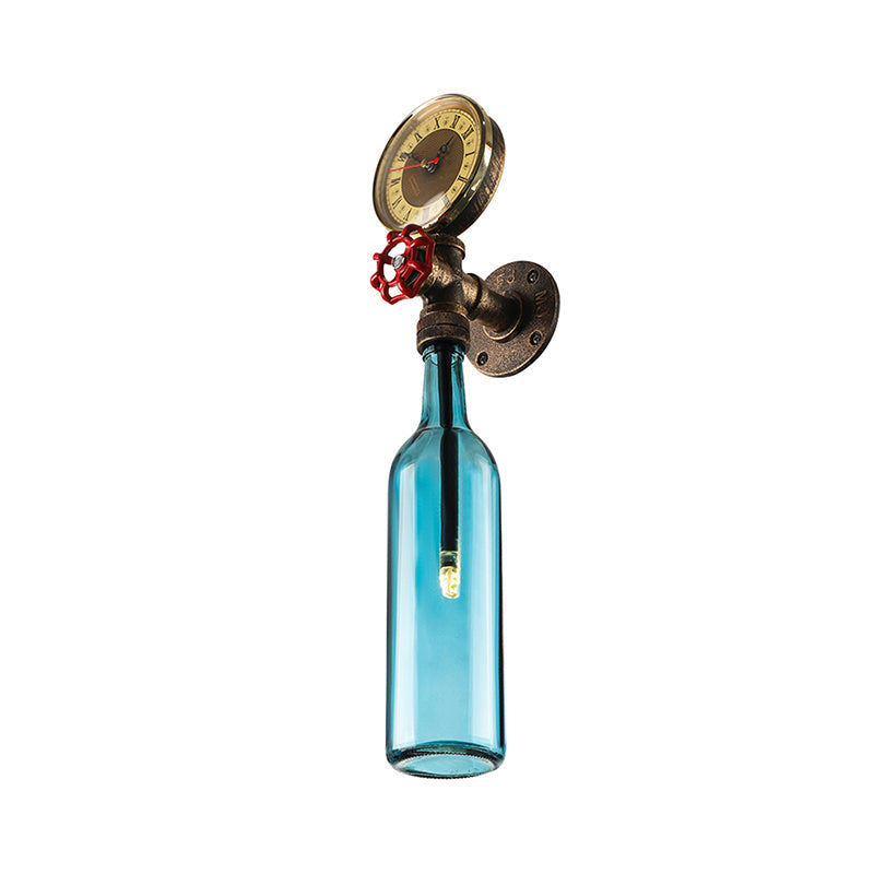 Kalsten | Brown/Blue Bottle Wall Sconce Lamp Vintage Stylish Glass 1 Bulb Living Room Wall Lighting with Manometer and Valve