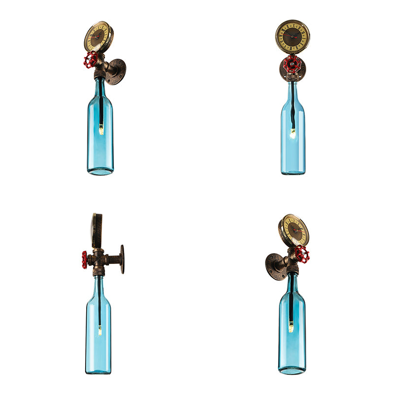 Kalsten | Brown/Blue Bottle Wall Sconce Lamp Vintage Stylish Glass 1 Bulb Living Room Wall Lighting with Manometer and Valve
