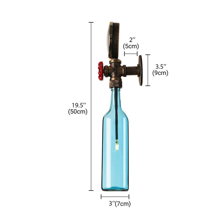 Kalsten | Brown/Blue Bottle Wall Sconce Lamp Vintage Stylish Glass 1 Bulb Living Room Wall Lighting with Manometer and Valve