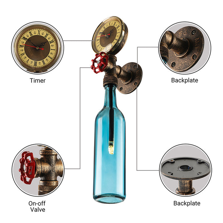 Kalsten | Brown/Blue Bottle Wall Sconce Lamp Vintage Stylish Glass 1 Bulb Living Room Wall Lighting with Manometer and Valve