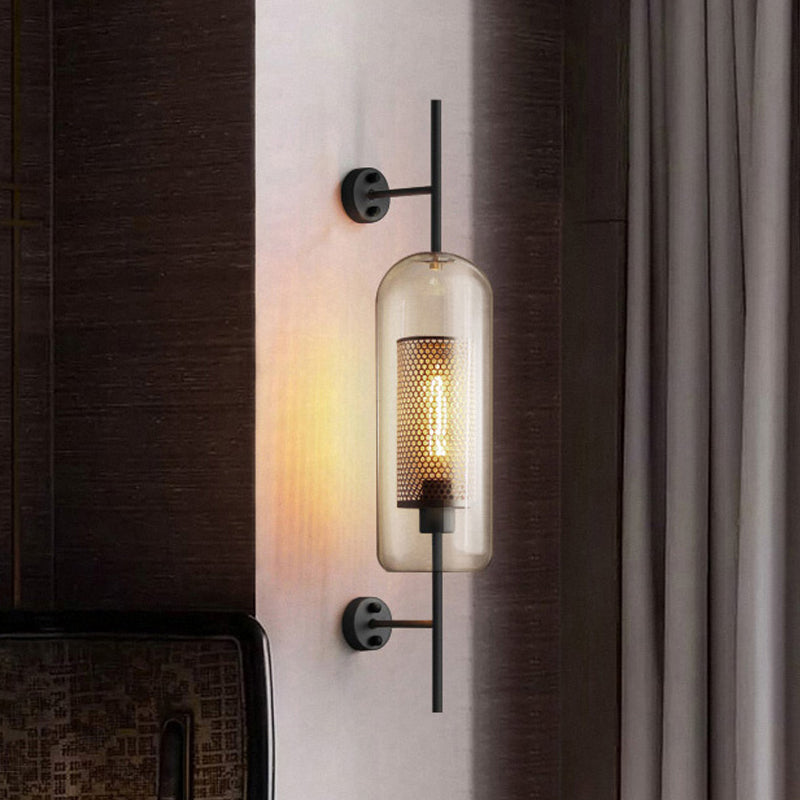 Cognac Glass Black Wall Lamp Oblong 1 Bulb Colonial Wall Mounted Light with Inner Column Mesh Screen, 5"/6" W | Kalsten