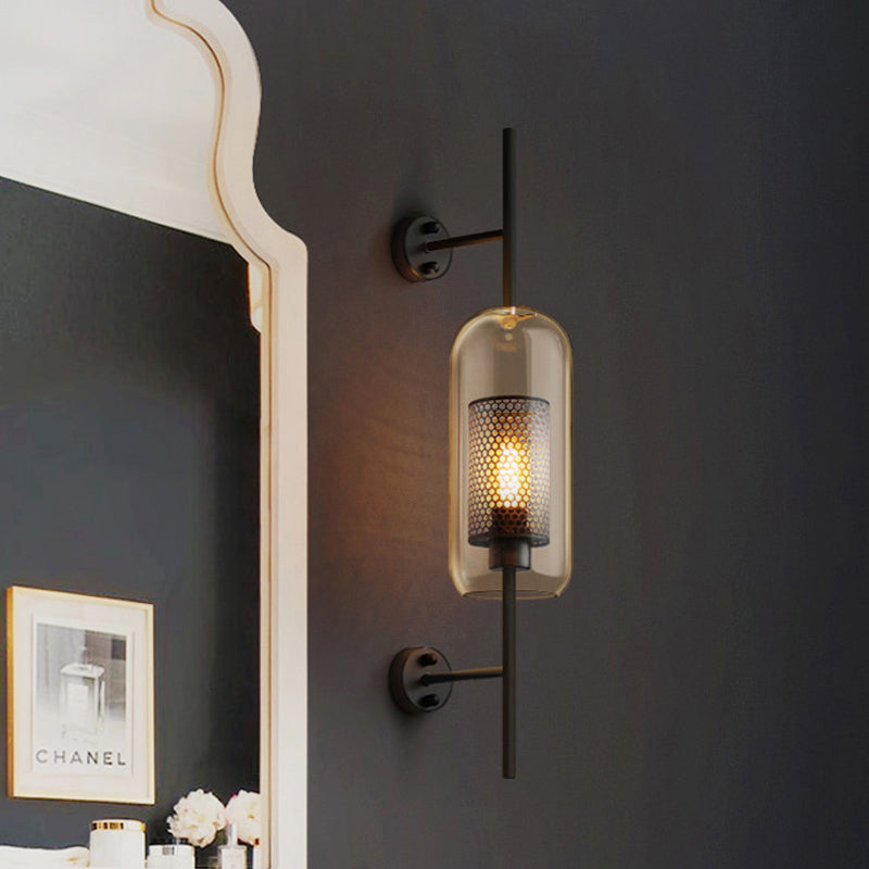 Cognac Glass Black Wall Lamp Oblong 1 Bulb Colonial Wall Mounted Light with Inner Column Mesh Screen, 5"/6" W | Kalsten