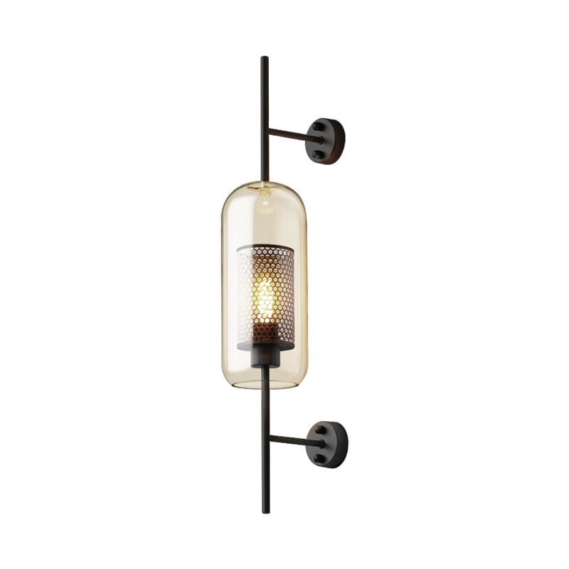 Cognac Glass Black Wall Lamp Oblong 1 Bulb Colonial Wall Mounted Light with Inner Column Mesh Screen, 5"/6" W | Kalsten