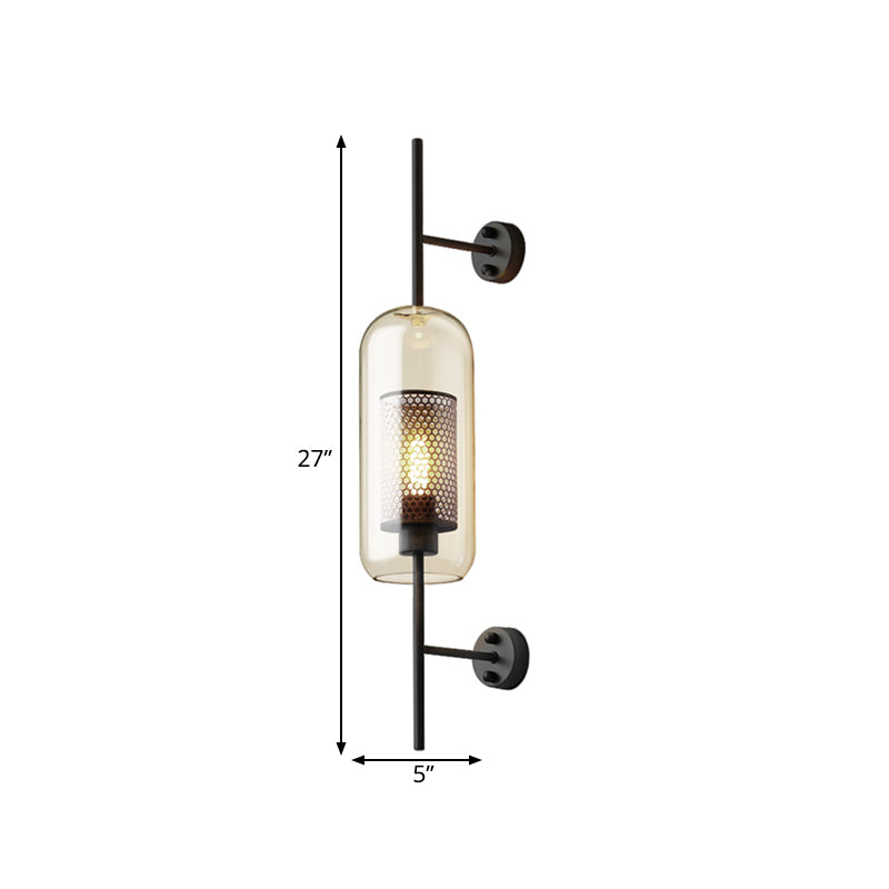 Cognac Glass Black Wall Lamp Oblong 1 Bulb Colonial Wall Mounted Light with Inner Column Mesh Screen, 5"/6" W | Kalsten