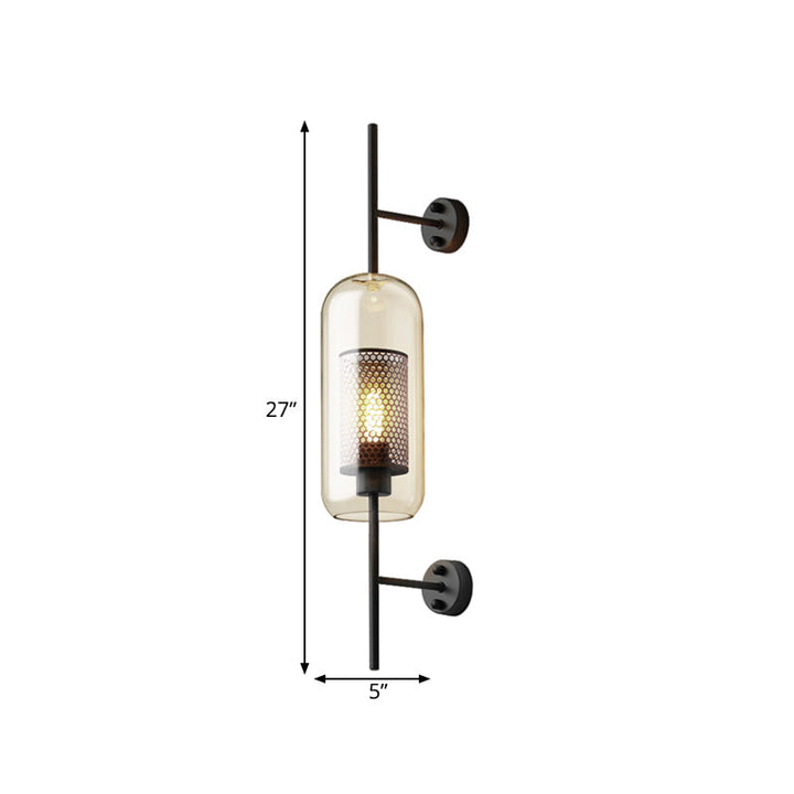 Cognac Glass Black Wall Lamp Oblong 1 Bulb Colonial Wall Mounted Light with Inner Column Mesh Screen, 5"/6" W | Kalsten