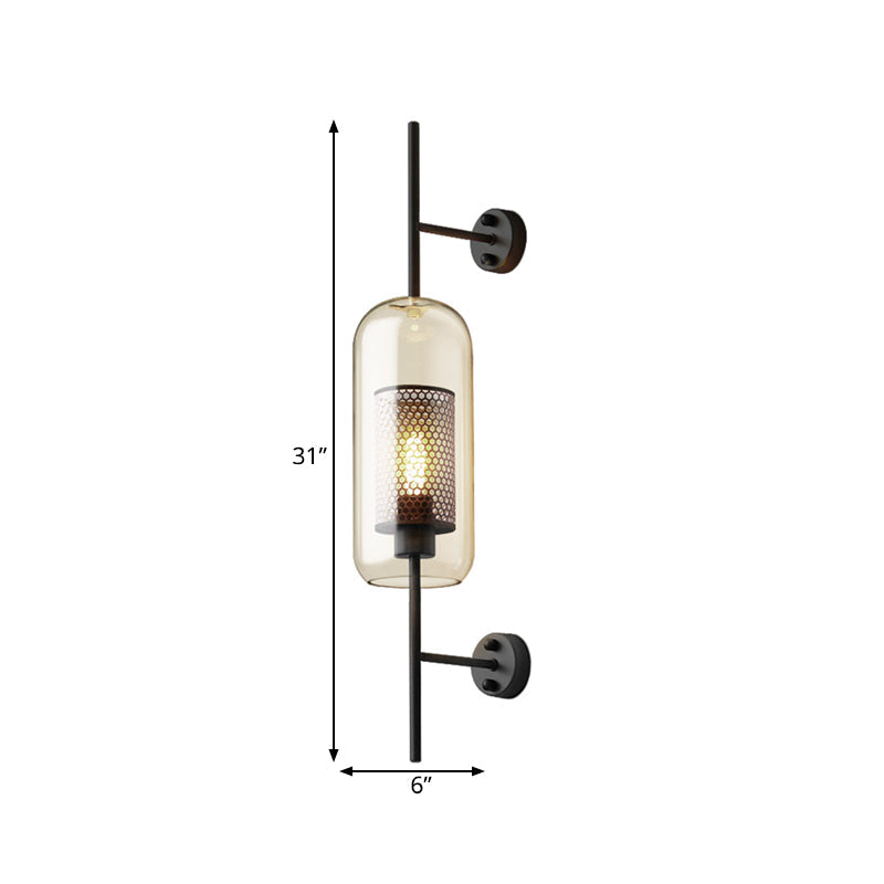 Cognac Glass Black Wall Lamp Oblong 1 Bulb Colonial Wall Mounted Light with Inner Column Mesh Screen, 5"/6" W | Kalsten