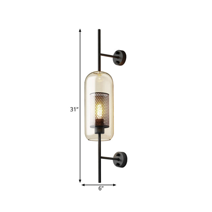 Cognac Glass Black Wall Lamp Oblong 1 Bulb Colonial Wall Mounted Light with Inner Column Mesh Screen, 5"/6" W | Kalsten