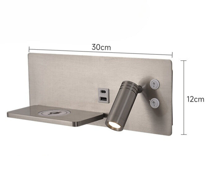 LED Wall Lamp with USB Connection and Shelf for Bedroom or Office