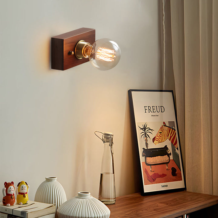 Round/Square Vintage Walnut Wood Wall Lamp 1-light with Pull Chain Switch | Kalsten
