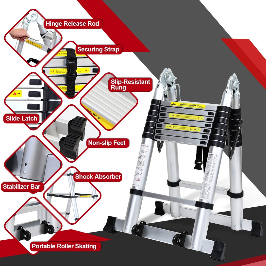 5M Aluminum Telescopic Ladder Folding Ladder with Wheels and Triangle Stabilizer | Kalsten