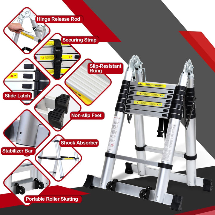 5M Aluminum Telescopic Ladder Folding Ladder with Wheels and Triangle Stabilizer | Kalsten