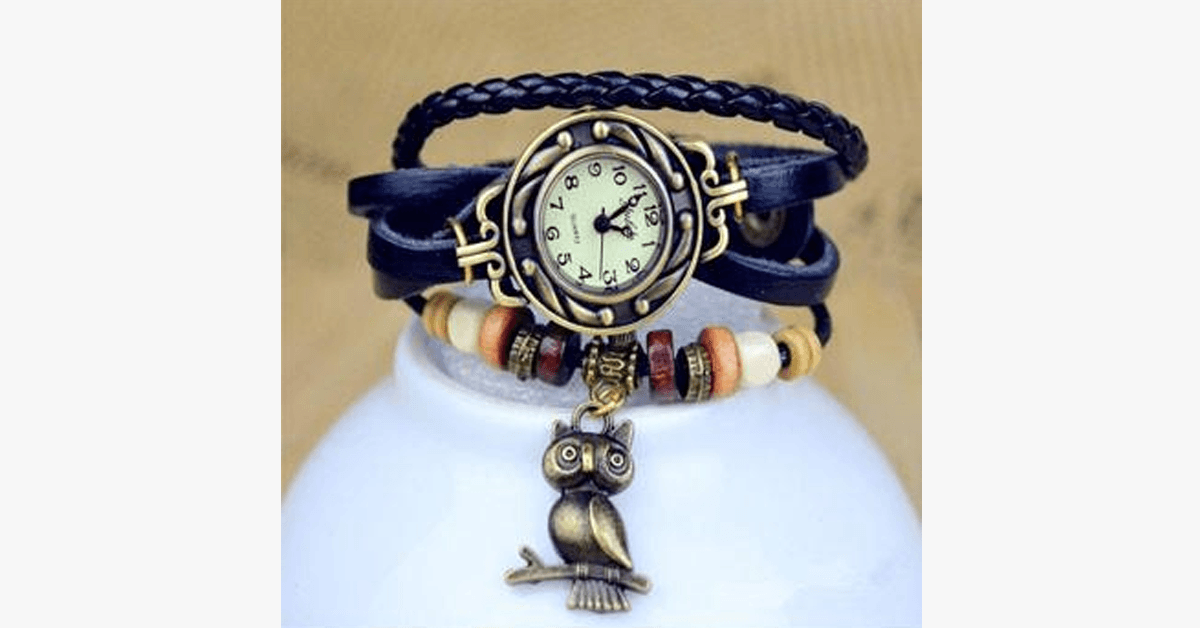 BowLift | Owl Vintage Wrap Watch with Boho-Chic Style Bracelet - Woven cuff-style bracelet watch for a funky look!