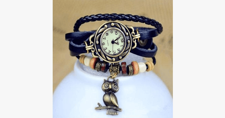 Kalsten | Owl Vintage Wrap Watch with Boho-Chic Style Bracelet - Woven cuff-style bracelet watch for a funky look!