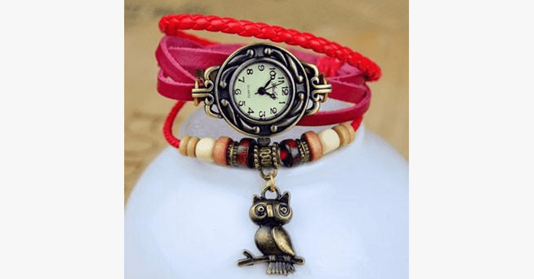 Kalsten | Owl Vintage Wrap Watch with Boho-Chic Style Bracelet - Woven cuff-style bracelet watch for a funky look!