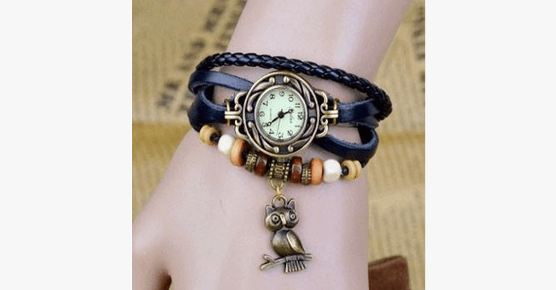 Kalsten | Owl Vintage Wrap Watch with Boho-Chic Style Bracelet - Woven cuff-style bracelet watch for a funky look!