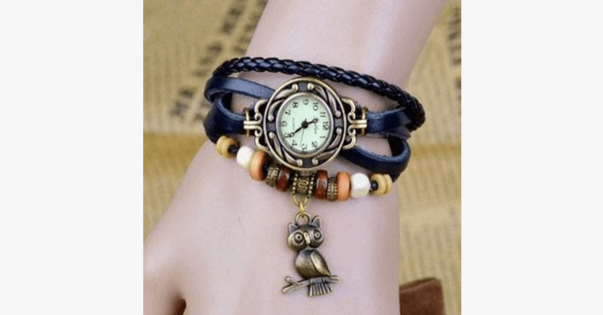 BowLift | Owl Vintage Wrap Watch with Boho-Chic Style Bracelet - Woven cuff-style bracelet watch for a funky look!