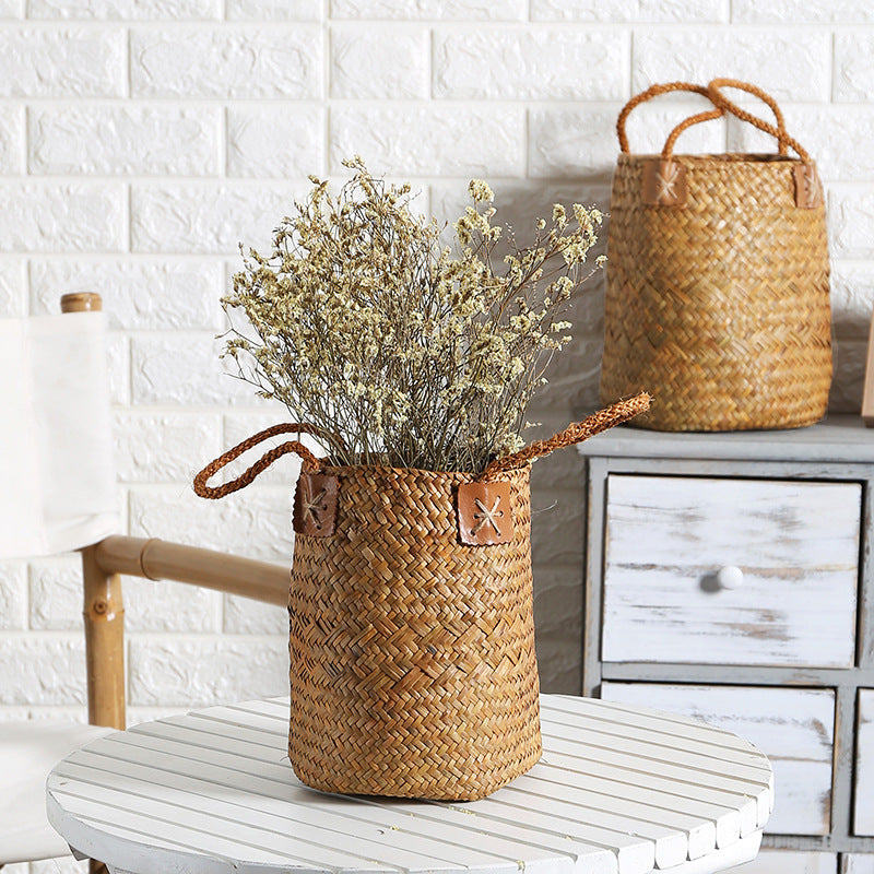 Unisex Handwoven Storage Basket with Leather Handles Kalsten