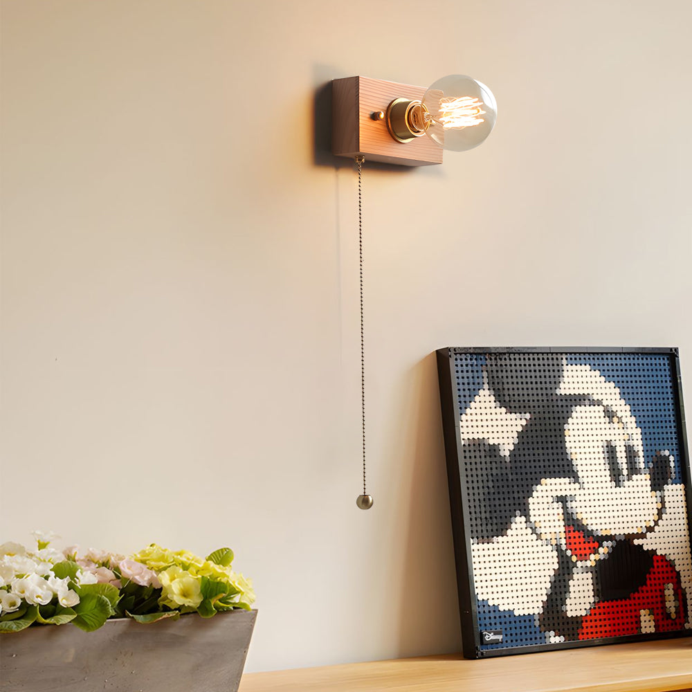 Round/Square Vintage Walnut Wood Wall Lamp 1-light with Pull Chain Switch | Kalsten