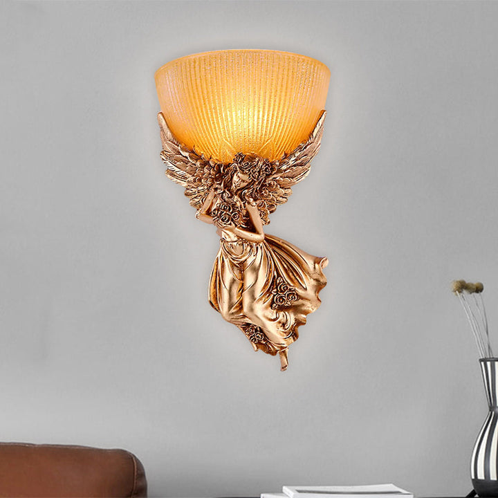 Single Bulb Angel Sconce Light Countryside Gold Resin Wall Mounted Lamp with Amber Fluted Glass Shade, Right | Kalsten