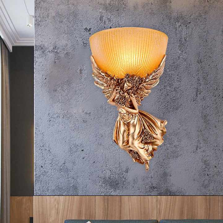 Single Bulb Angel Sconce Light Countryside Gold Resin Wall Mounted Lamp with Amber Fluted Glass Shade, Right | Kalsten