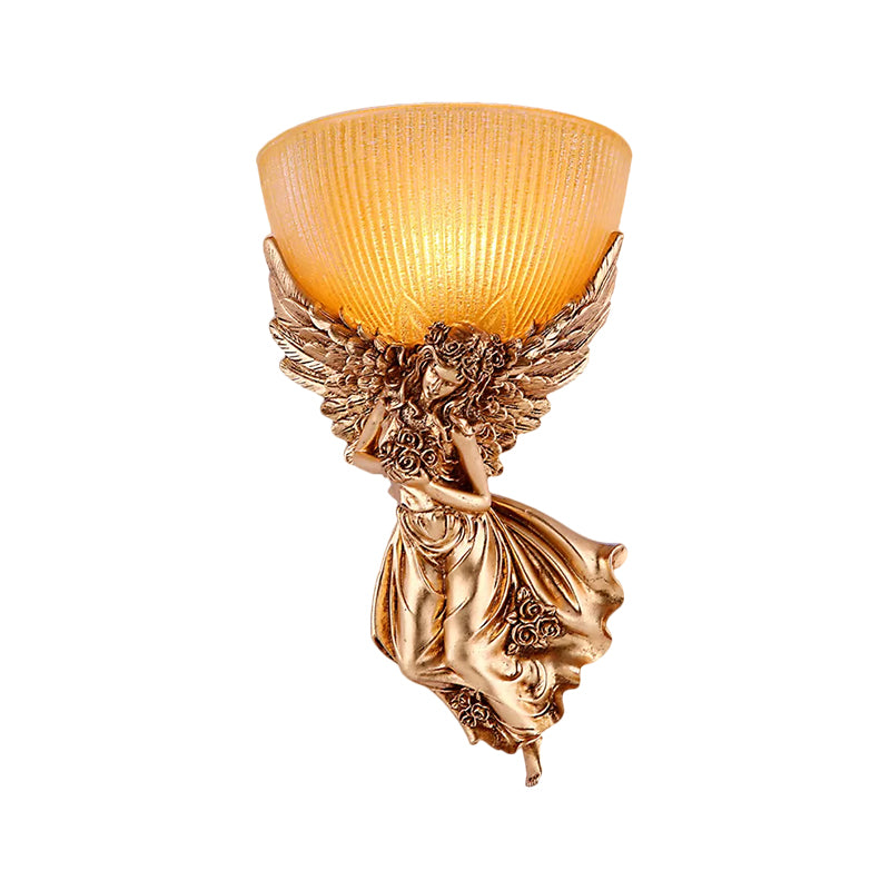 Single Bulb Angel Sconce Light Countryside Gold Resin Wall Mounted Lamp with Amber Fluted Glass Shade, Right | Kalsten