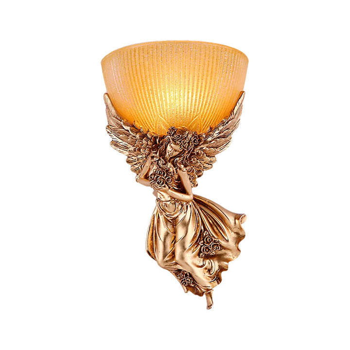 Single Bulb Angel Sconce Light Countryside Gold Resin Wall Mounted Lamp with Amber Fluted Glass Shade, Right | Kalsten