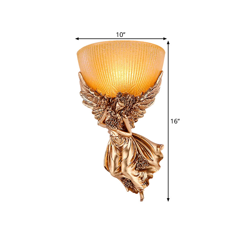 Single Bulb Angel Sconce Light Countryside Gold Resin Wall Mounted Lamp with Amber Fluted Glass Shade, Right | Kalsten