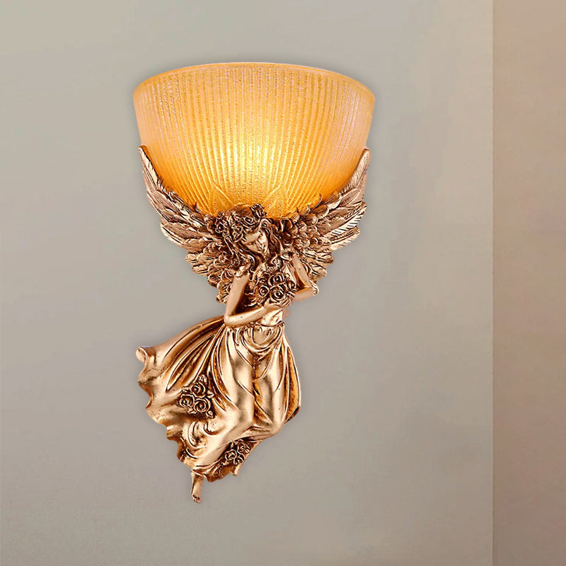 Single Bulb Angel Sconce Light Countryside Gold Resin Wall Mounted Lamp with Amber Fluted Glass Shade, Right | Kalsten