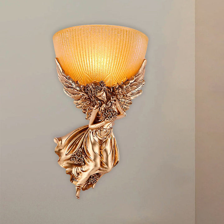 Single Bulb Angel Sconce Light Countryside Gold Resin Wall Mounted Lamp with Amber Fluted Glass Shade, Right | Kalsten