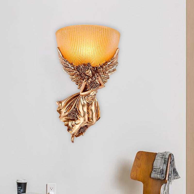 Single Bulb Angel Sconce Light Countryside Gold Resin Wall Mounted Lamp with Amber Fluted Glass Shade, Right | Kalsten