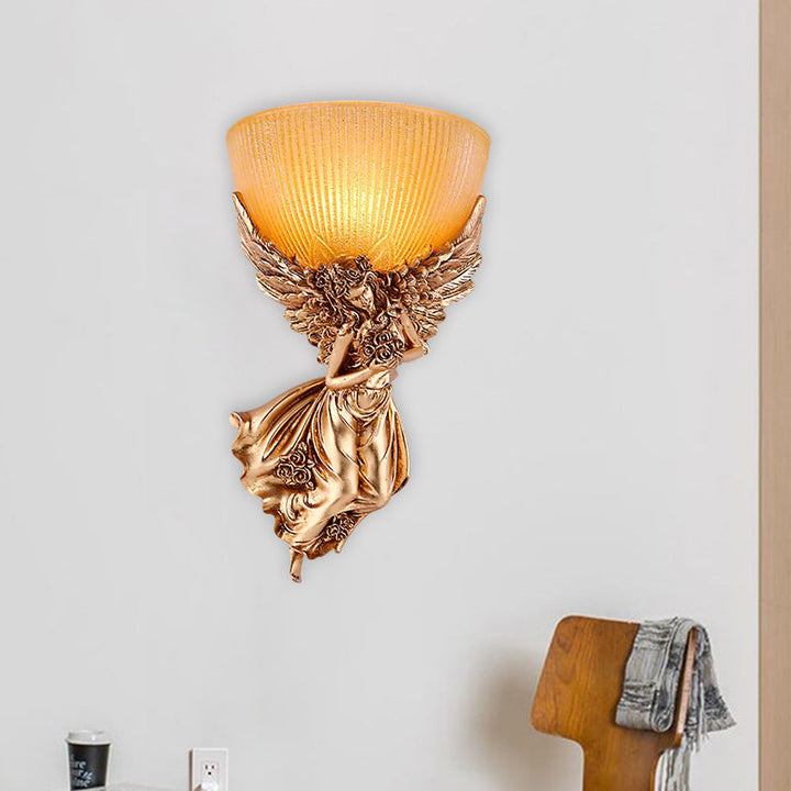 Single Bulb Angel Sconce Light Countryside Gold Resin Wall Mounted Lamp with Amber Fluted Glass Shade, Right | Kalsten